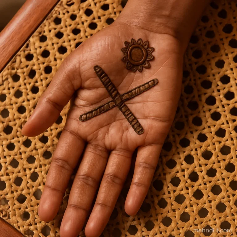Palm with two crossed dandiya sticks and a mirror work circle