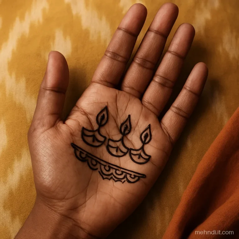 Row of three diyas across the palm with dotted flames for Diwali