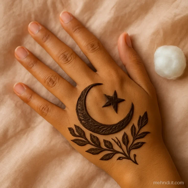 Crescent moon and star with Arabic leaves on a palm for Eid