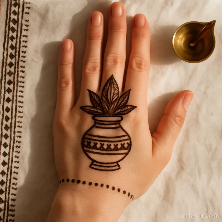 Palm with a kalash pot topped by mango leaves and a coconut