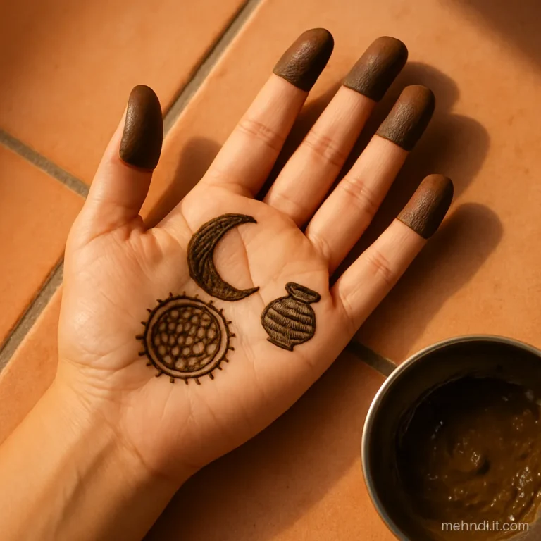 Palm with crescent moon and round chalni sieve for karva chauth