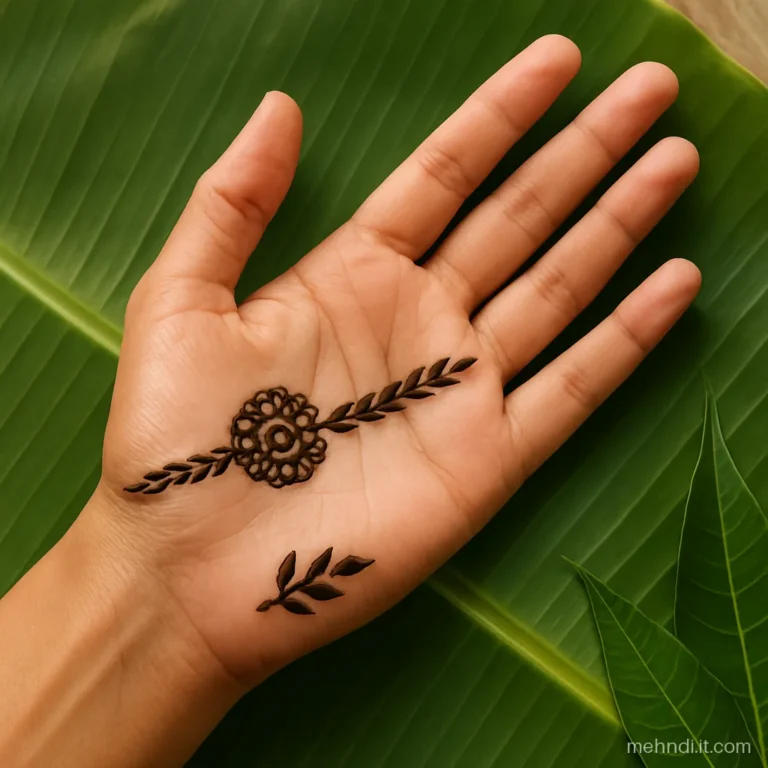 Palm design with a rakhi thread knot and flower at the wrist