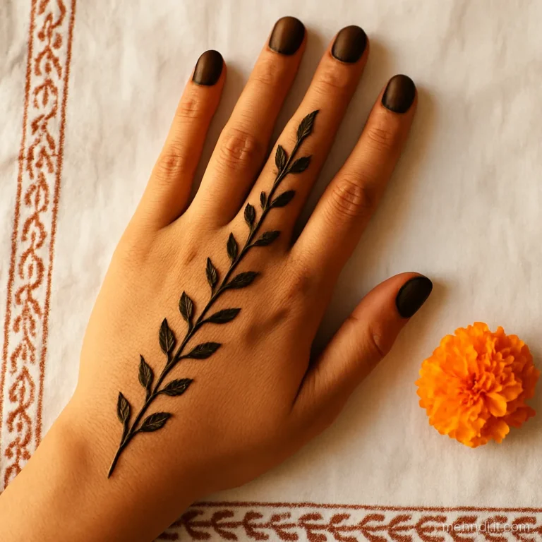 Front hand with a leafy bel climbing up the index and ring fingers