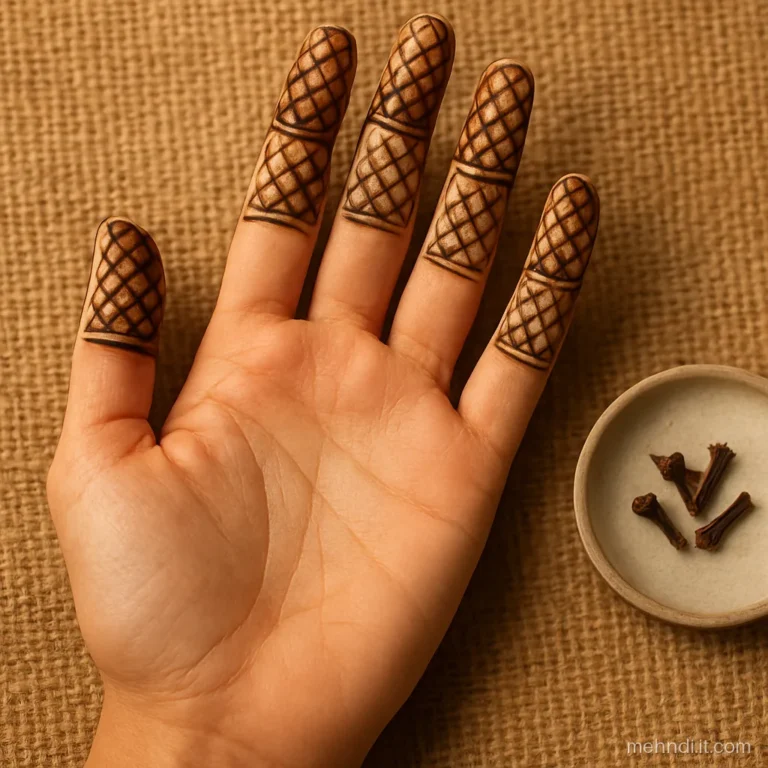 Fingers decorated with small lattice checks on tips and a thin line below
