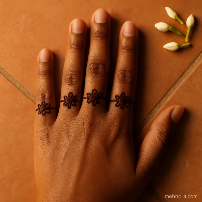 Small five-petal flowers sitting on each finger like rings, palm left plain