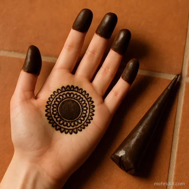 Right palm with a round gol tikki mandala in the centre and dotted fingertips
