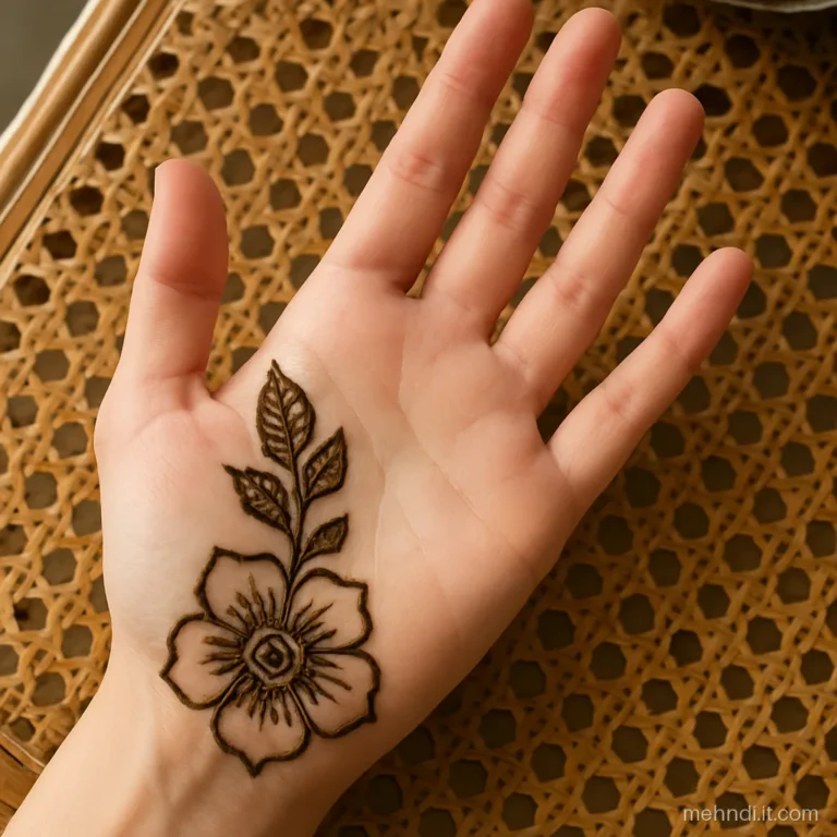 Half palm design with a big flower in the lower corner and trailing leaves