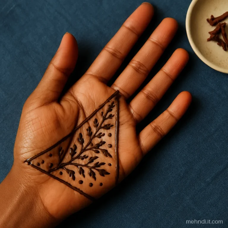Palm divided diagonally, leafy pattern on one side and bare skin on the other