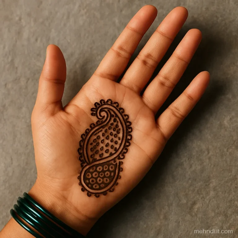 Two paisley kairi motifs nested on the lower half of a palm