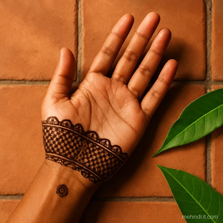 Broad chalni net cuff covering the inner wrist under a plain palm