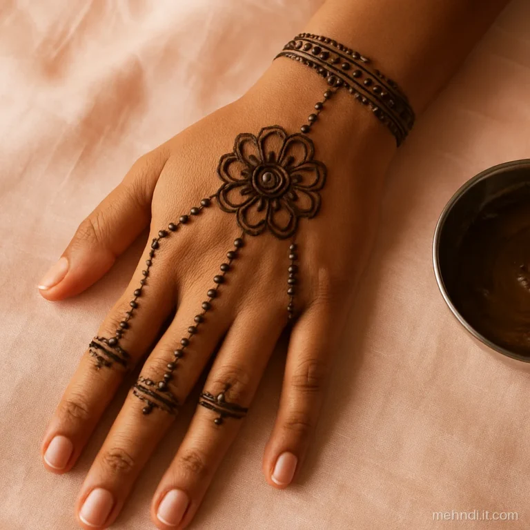 Palm with a haath phool jewellery pattern linking wrist band to fingers
