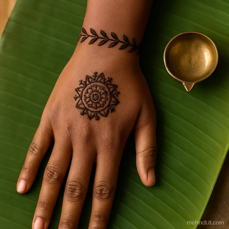 Leaf chain bracelet across the wrist joining a small palm mandala