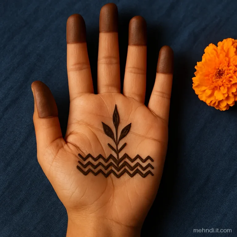 Front hand with zigzag band on the wrist and leaves rising to palm
