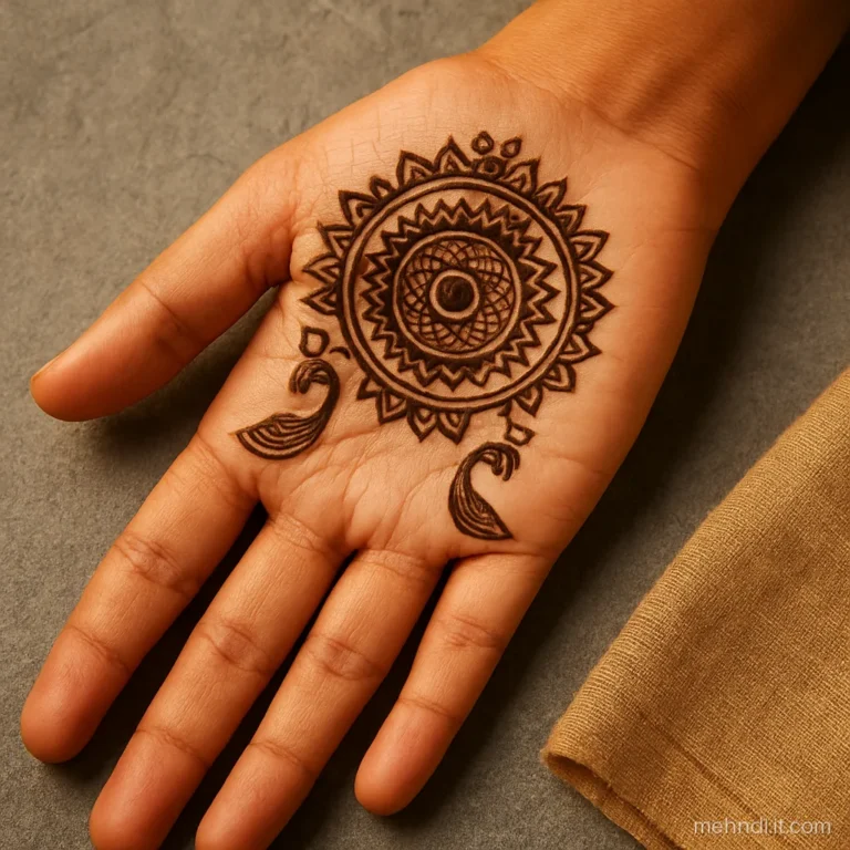 Palm mandala flanked by two small peacock heads facing each other