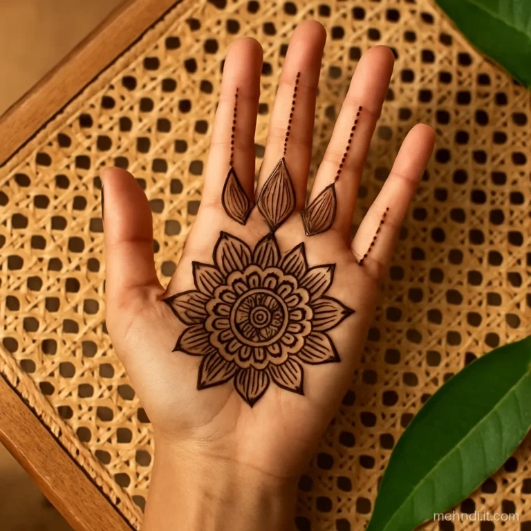 Front hand with a centre mandala topped by a crown of five pointed leaves