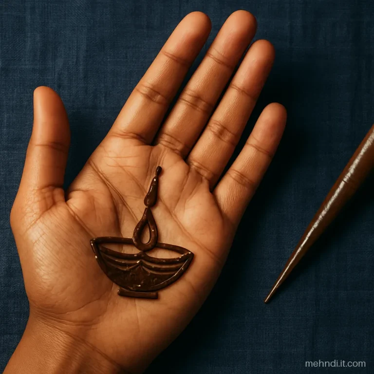 Tiny diya lamp with a flame drawn in the centre of a palm