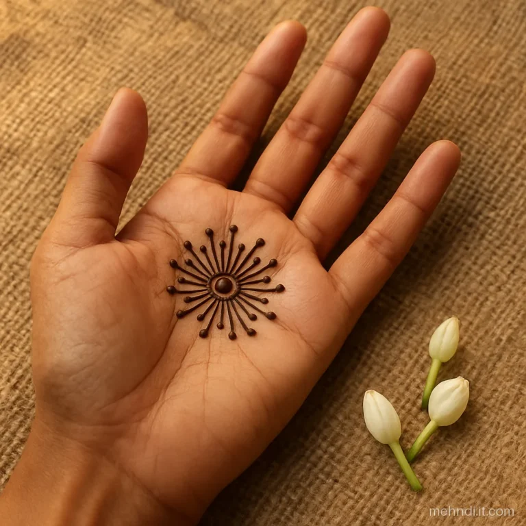 Mini mandala made of short lines bursting from a dot on the palm