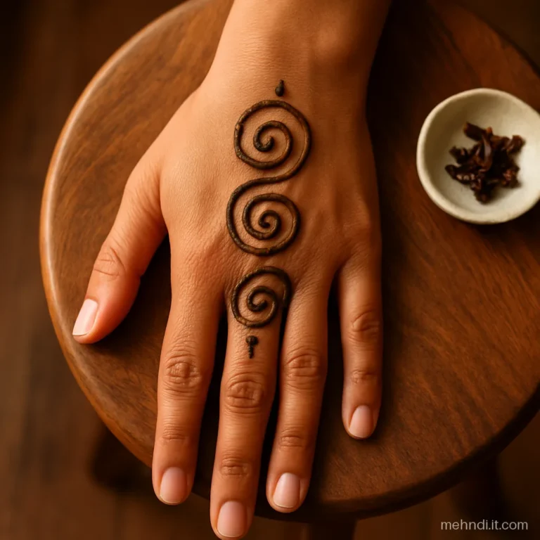 Three spiral swirls stacked from wrist to palm centre on a front hand