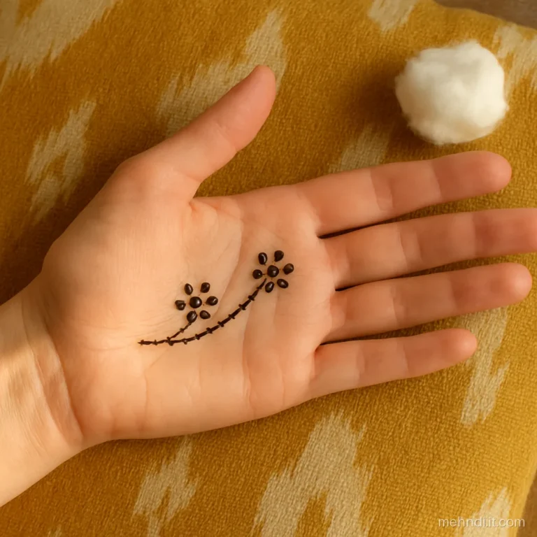 Quick palm design with three tiny dot flowers in a curved row