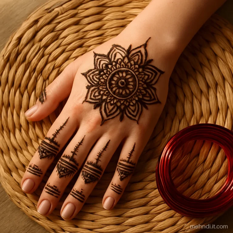Large mandala on back of hand with finger patterns and wrist cuff