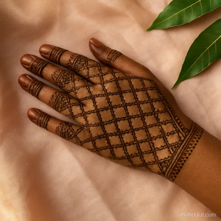 Back of hand covered with even diamond jaal from knuckles to wrist