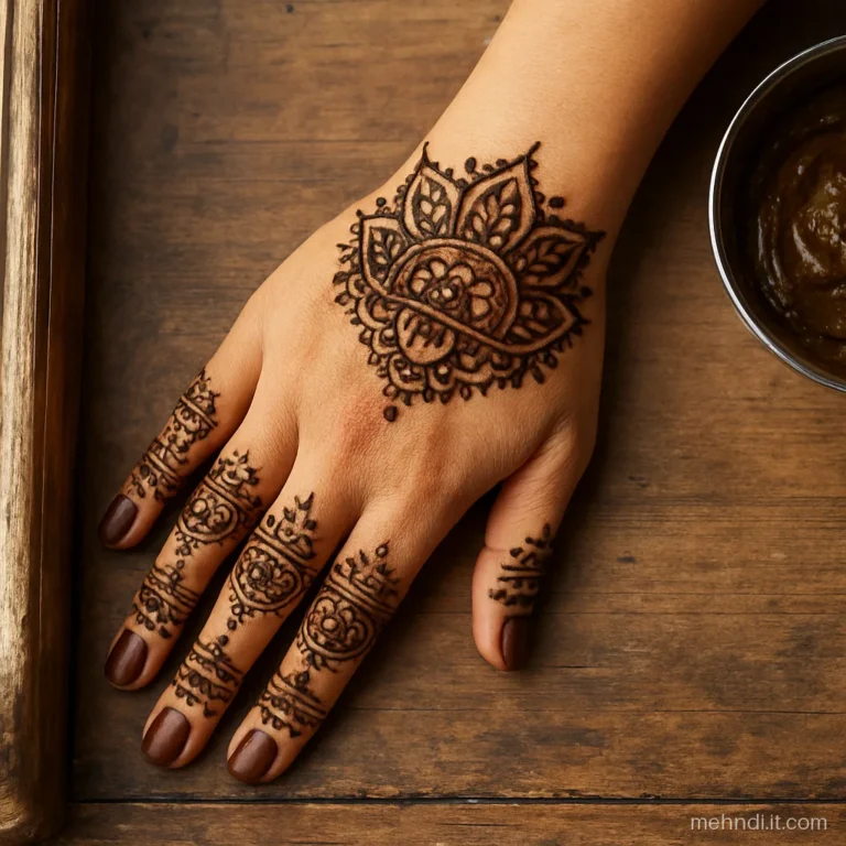 Back of hand with crown of petals over knuckles and lace down to wrist
