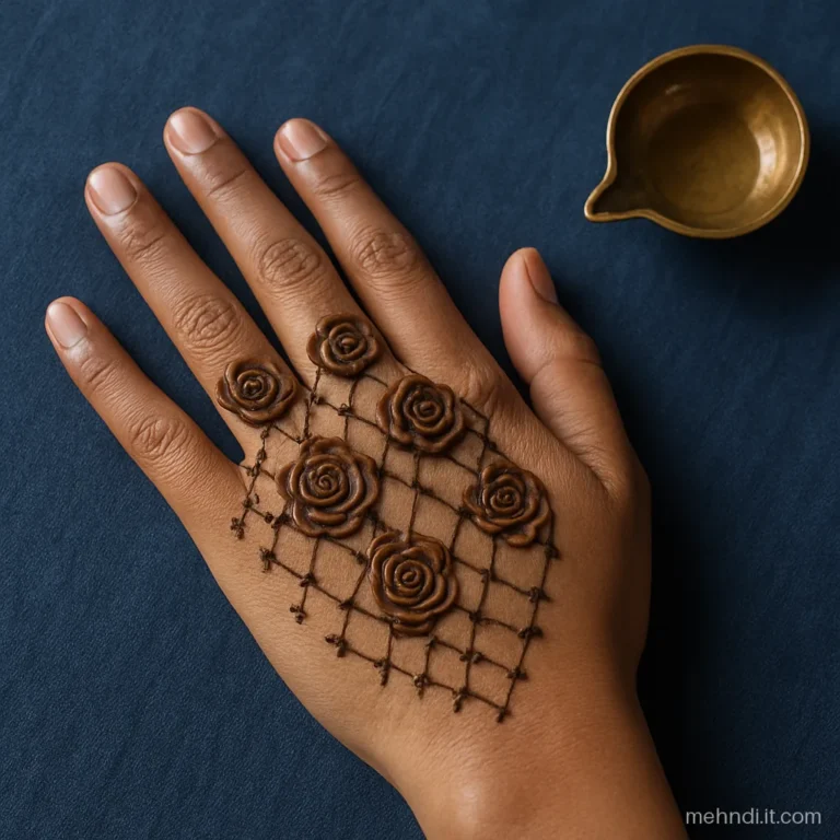 Back hand covered with rose lattice and filled finger caps