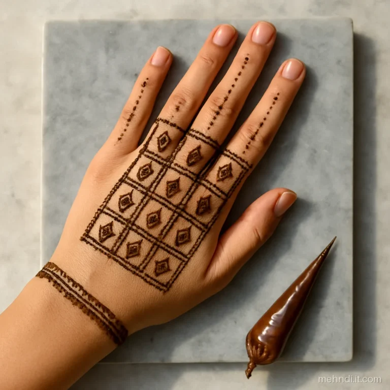 Back of hand with grid of small shagun leaves and dotted borders