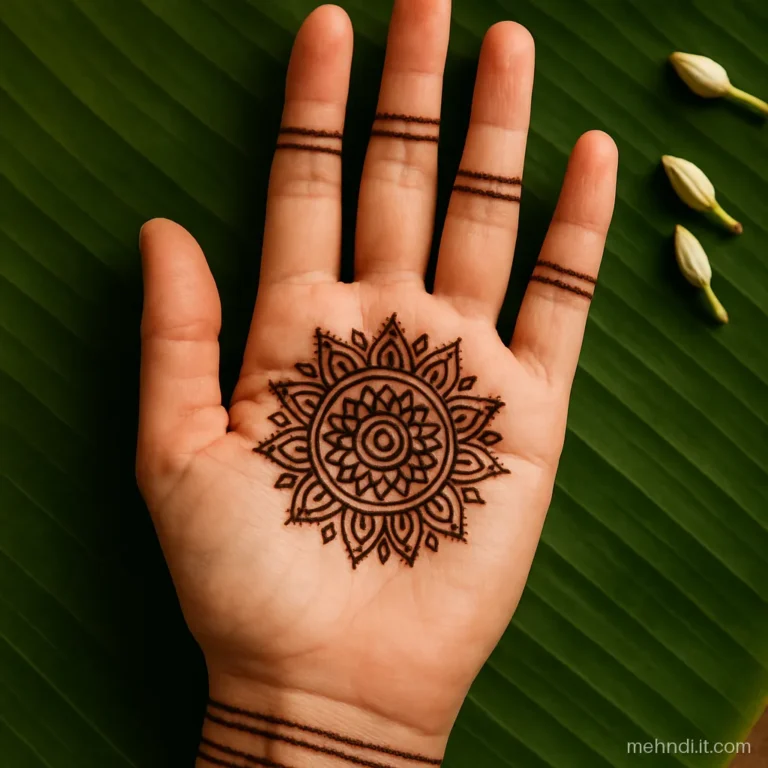 Front hand with a palm mandala and plain bands on fingers and wrist