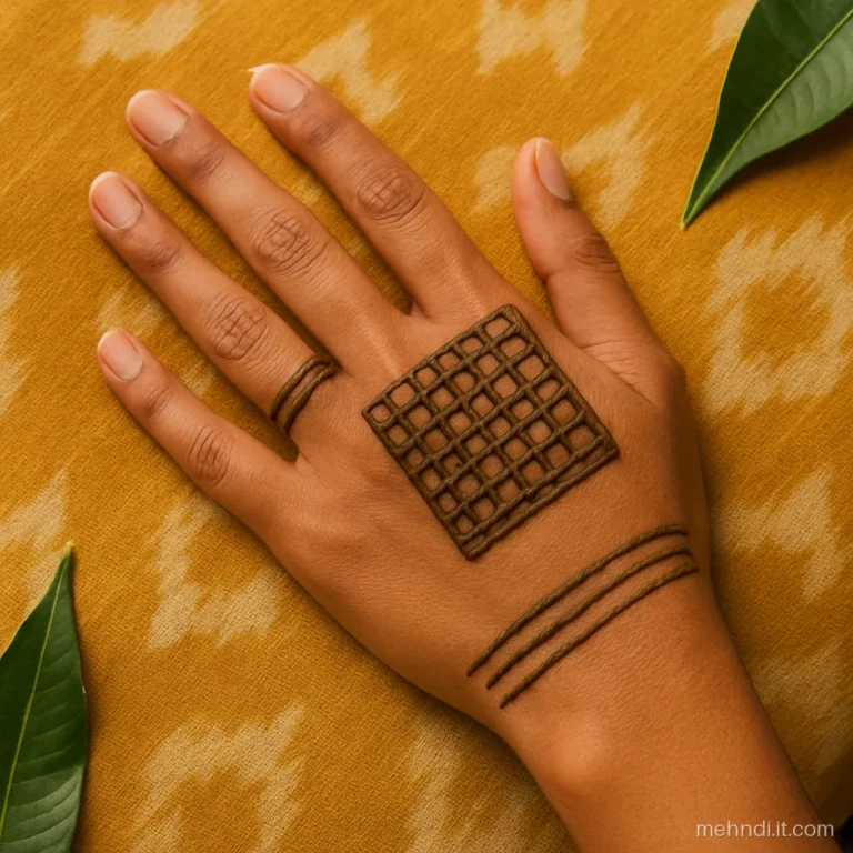 Back of a hand with a rectangular check panel and three finger bands