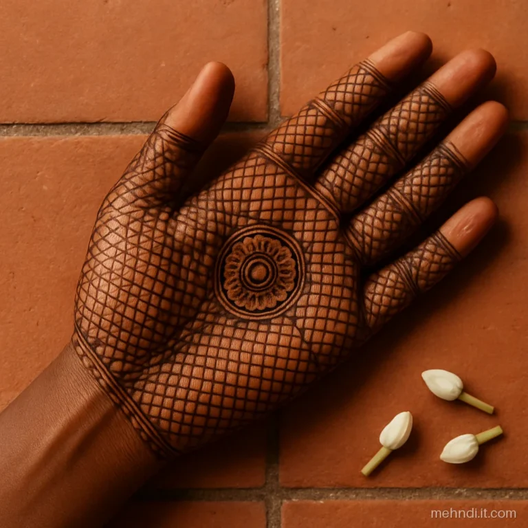 Traditional checks filling the palm around a central gol tikki