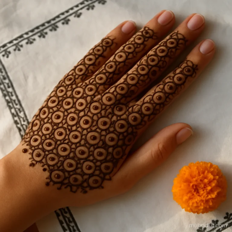 Front hand filled with linked circles like a chain net from fingers to wrist