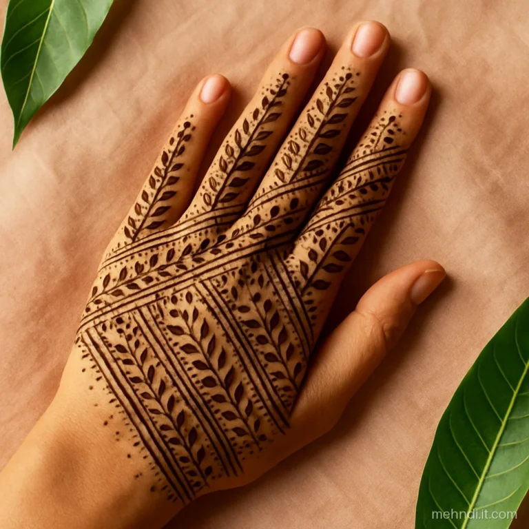 Front hand crossed by diagonal bands filled with tiny leaves and dots