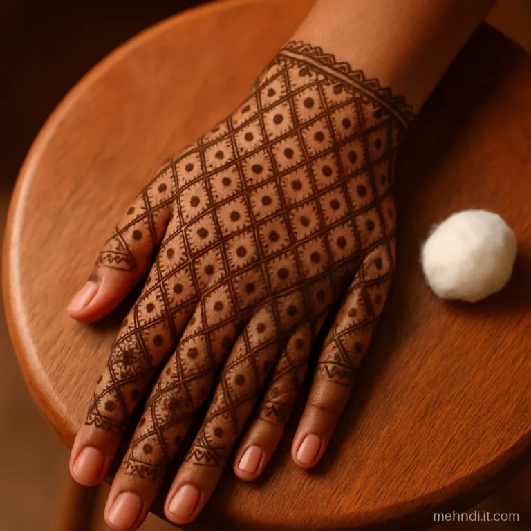 Full palm covered in an even diamond jaal net from fingers to wrist