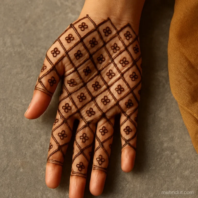 Full hand square jaal, each alternate box holding a tiny four-petal flower