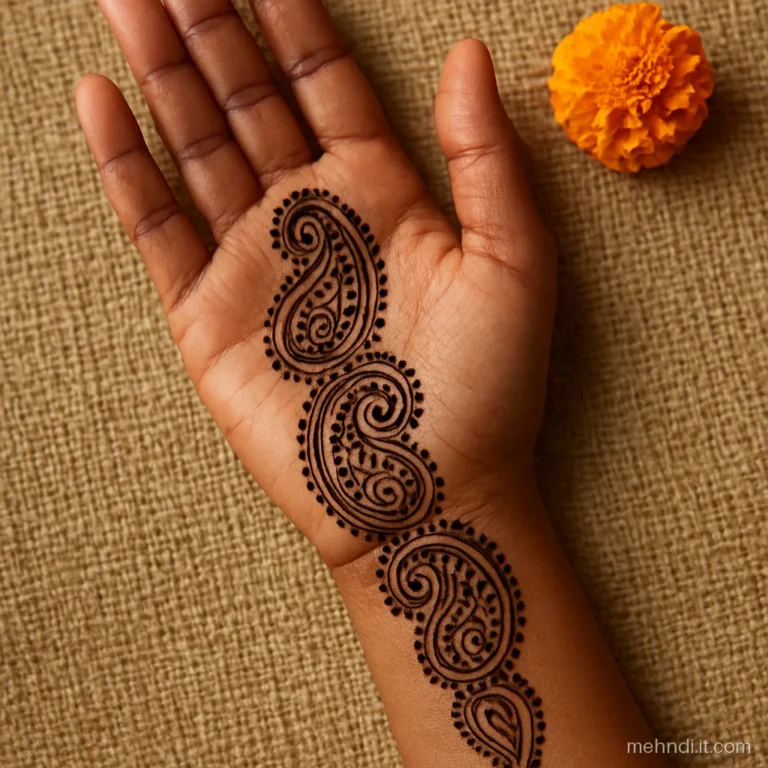 Paisley bel stretching from palm down to the forearm in one long line