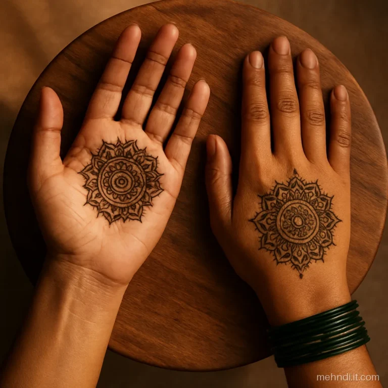 Two hands, one showing a palm mandala and one a back hand mandala