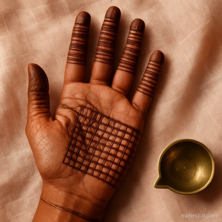 Full hand with striped fingers and a palm filled with small checks