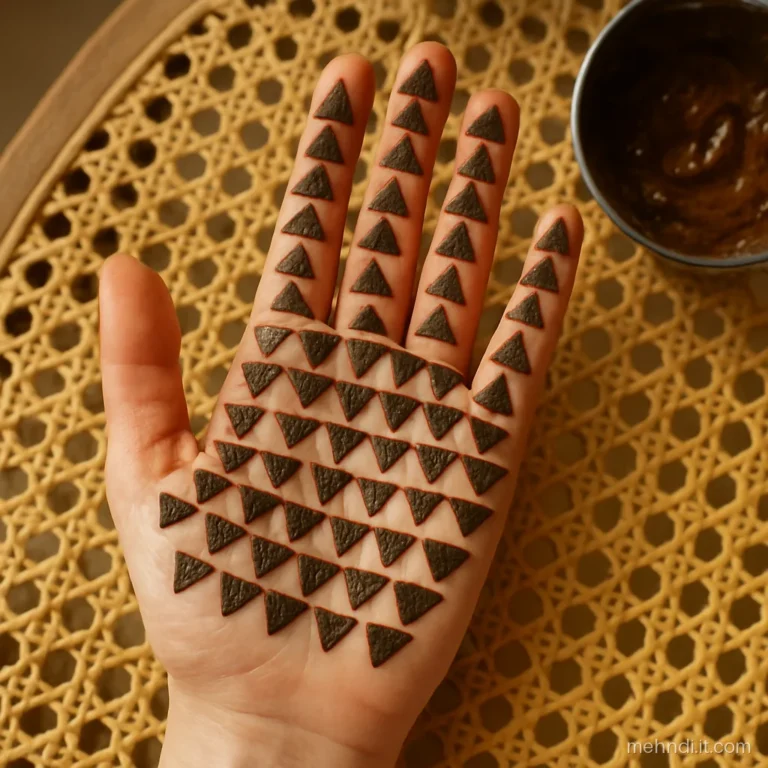 Front hand filled with rows of triangles, every other one filled solid