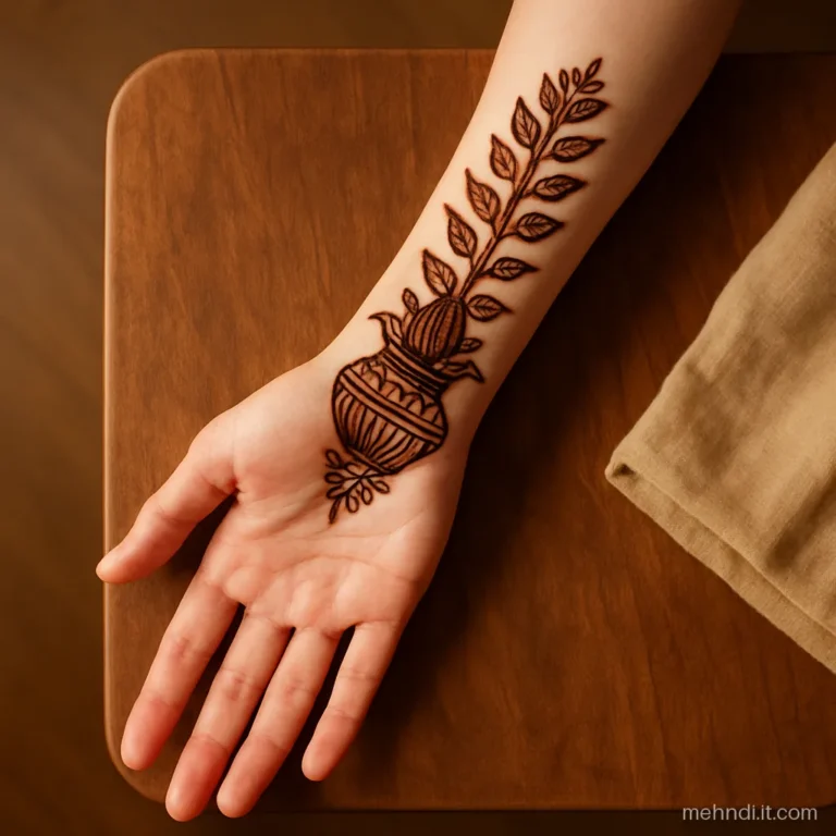 Kalash motif at the wrist with leaf bands up to the elbow