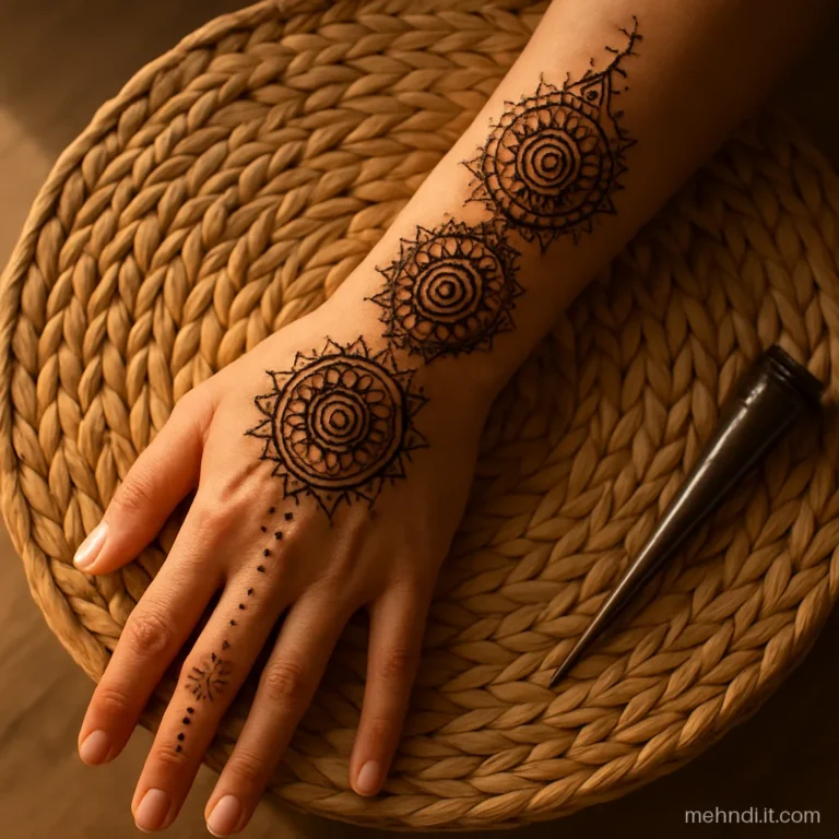Column of three mandalas from palm to elbow with fine lines