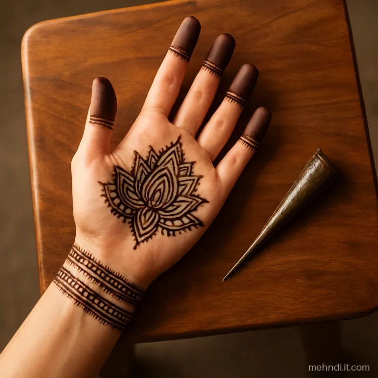 Full palm covered with a central kamal flower and petal rings to the wrist