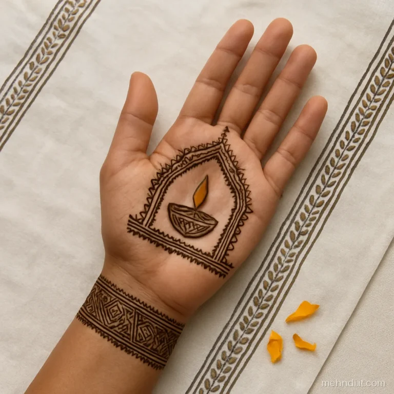 Palm with arch frame holding a diya and fine lines to the fingers