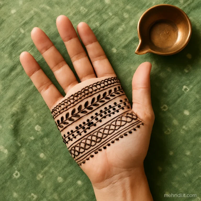 Palm and fingers covered in stacked horizontal bands of different patterns