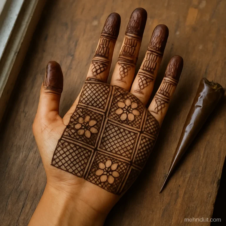 Palm divided into panels of chalni jaal and plain floral blocks