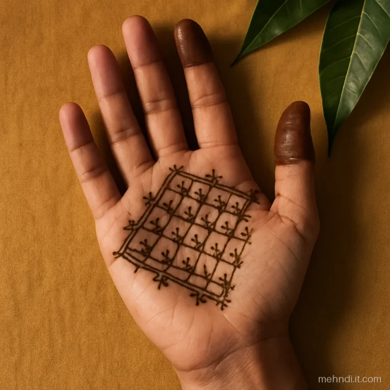 Palm covered in a jaal with a tiny flower at each crossing