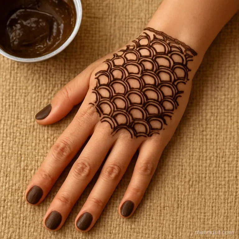 Back of hand filled with fish scale jaal up to the knuckles