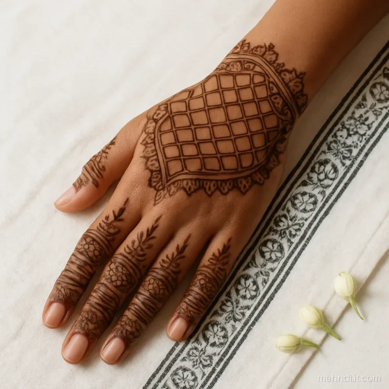 Back of hand with wave jaal lines and shaded petal borders