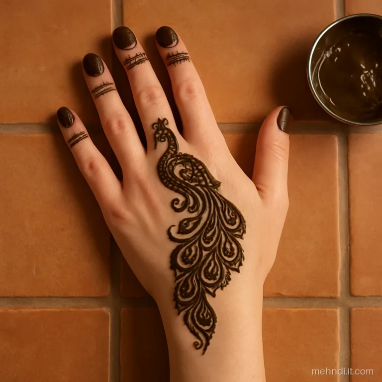 Back of hand with peacock facing inward to match the other hand