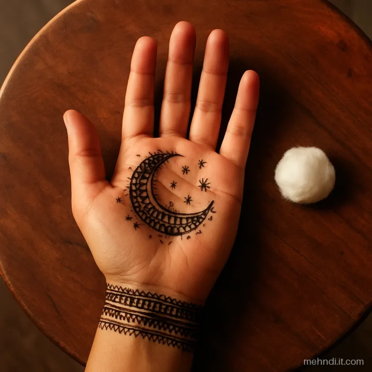 Full hand with a crescent moon that mirrors the other hand's design